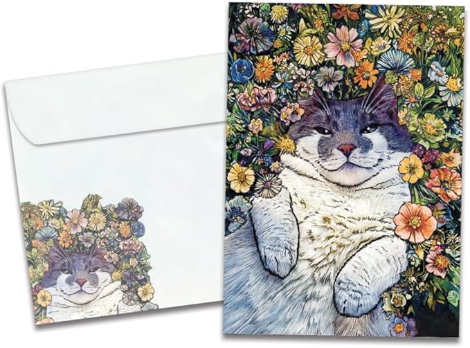 Tree-Free Greetings Flower Cat Birthday Card - 1 Recycled 5x7 Card & Matching Envelope, Thick Cardstock, Made in USA - Vibrant Feline Serenity