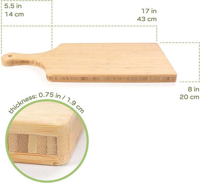 BambooMN Bamboo Paddle Cutting and Serving Board, Charcuterie Boards for Meat, Vegetables, Fruits, Bread, Kitchen Cutting Board with Handle - 17" x 8" x 0.75" - 100 Pieces