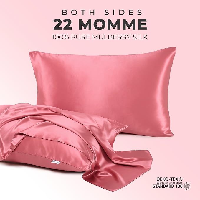 100% Pure Mulberry Silk Pillowcase for Hair and Skin, 6A Grade 22 Momme Silk Pillow Cases with Zipper, Soft Cooling Washable Both Sided Silk Pillow Cover (Rose Pink, Standard 20''x26’’)