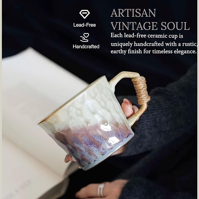 10oz Retro Vintage Japanese Style Handmade Ceramic Tea Cup with Handle, Lead-Free Reactive Glaze Artisanal Coffee Mug, Handmade Pottery Tea Mug for office and home,for Latte and Cappuccino,Purple