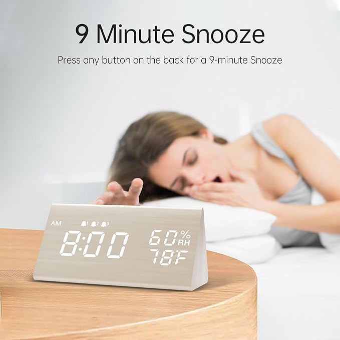 JALL Wooden Digital Alarm Clock for Bedroom, 3 Alarms with Large Numbers, Humidity and Temperature Display, 6-Level Dimmer, Snooze, Loud Desk Clock for Heavy Sleepers, Plug in (White)