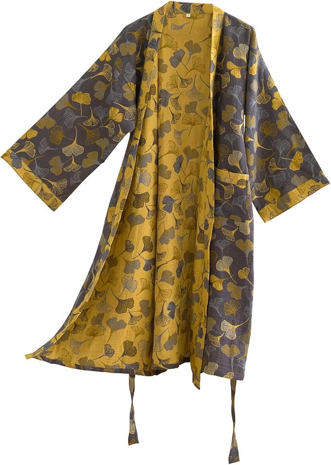 100% Cotton Gauze Ginkgo Leaf Kimono Robe, Long Knit Loose Bathrobe Nightgown Ladies Loungewear Sleepwear for Women