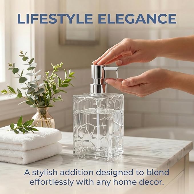Clear Glass Soap Dispenser with Pump Geometric Texture Refillable Decorative Hand Soap Dispenser for Bathroom Kitchen Countertop