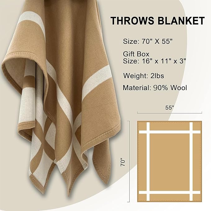 Wool Blanket & Throws 90% Wool Warm Blanket Soft Couch Blankets 75"x55" Twin Throw Blankets for Living Room, Camping, Outdoors, or Car Travel with Exquisite Box for Gift (Camel)