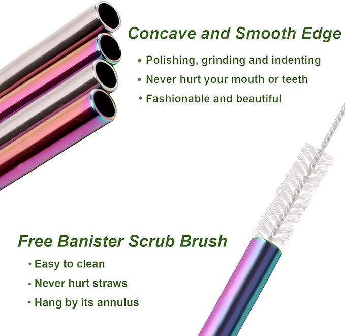 VEHHE Reusable Straws 8 Set Multi Color Stainless Steel Straws - Cleaning Brush for 20 Oz (Rainbow 8.5 inch + 10.5 inch)