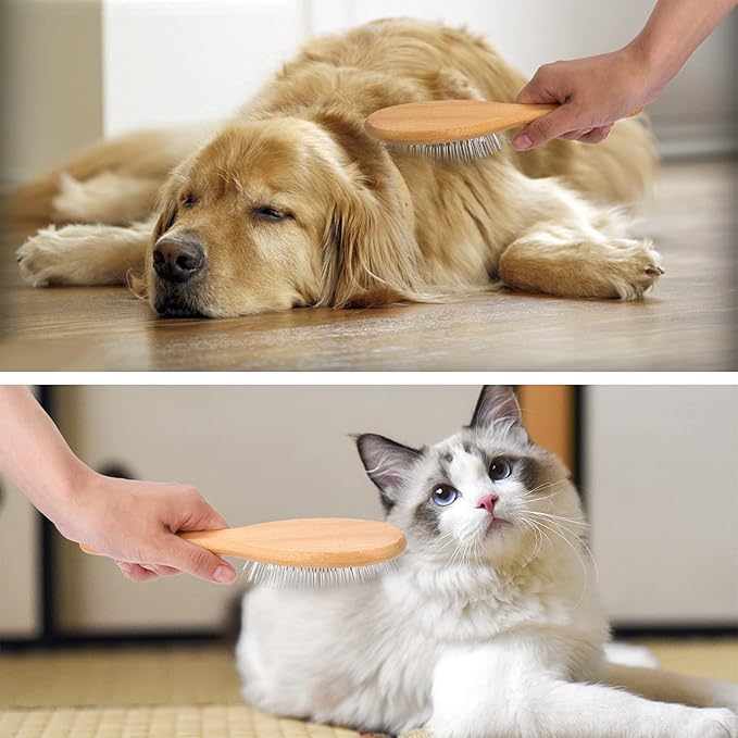 DC QZHMKJ PET Dog Cat Brush, Pet Brushes for Dogs Pet Slicker Brush with Bamboo Handle for Dogs and Cats Long Hair Pets Grooming Comb for Removing Shedding