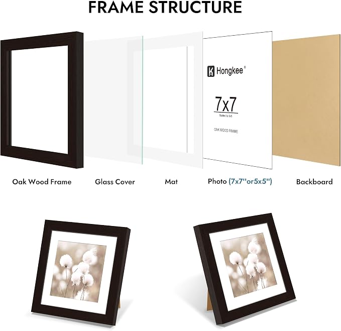 Hongkee 7x7 Oak Wood Picture Frame 1 Pack(Matted 5x5) with Real Glass Cover | Black, 7 x 7 Solid Wood Frame for Wall or Tabletop Display - Includes Easel Back, Vertical Hang - Ideal for Home, Office