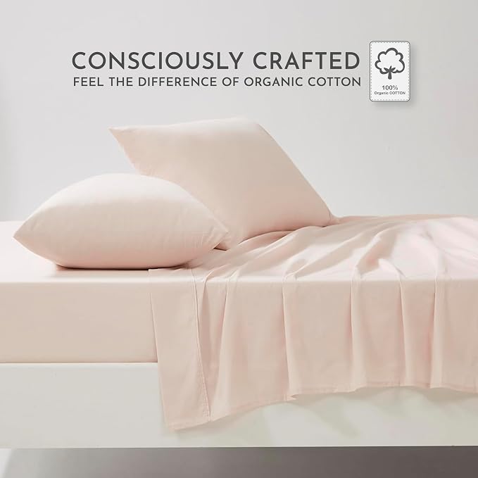 Linen Closet 100% Organic Cotton Full Size Sheets Set - 4 Pcs Percale Weave Cooling Bed Sheets for Hot Sleepers - 16" Deep Pocket Fitted Sheet - Crisp, Breathable & Brushed for Softness - Pale Pink