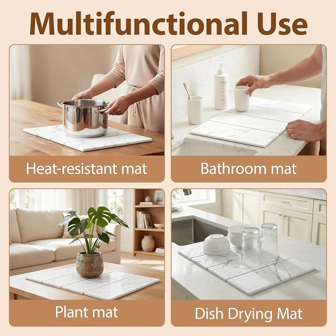Large Stone Dish Drying Mat for Kitchen Counter,24"(L)×16"(W),Quick Dry Super Absorbent Drying Matt Kitchen Counter,Collapsible Diatomaceous Earth Dish Mats,for Dishes Bottles Cups,Any Countertop