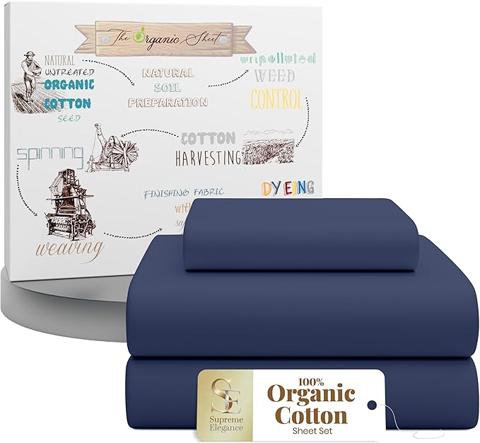 SUPREME ELEGANCE 3Pc 100% Organic Cotton Twin XL Sheets Set, Dark Blue, Cooling Percale, Deep Pocket Fitted Sheet, Fits 14" Mattresses, Breathable Bed Sheets & Pillowcases Set, Crisp Bedding