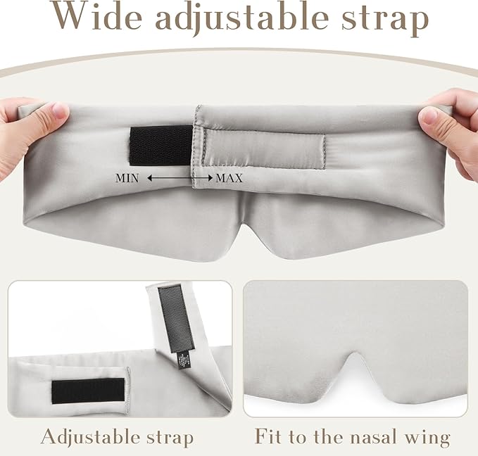 SECZIPE 100% Mulberry Silk Sleep Mask Eye Mask for Women Man with Adjustable Band, for Side Sleeper Blackout Sleep Mask for Travel Rest and Office (Gray)