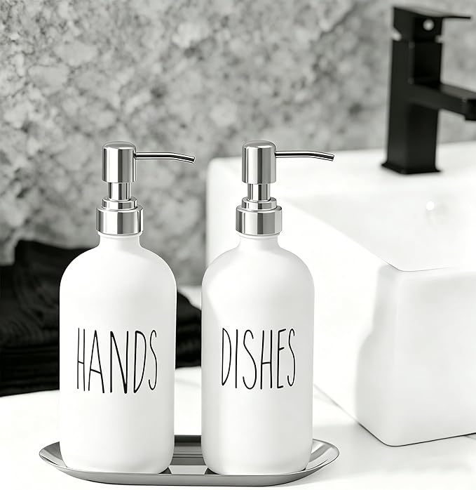 White Soap Dispenser Set, Glass Soap Dispenser with Stainless Steel Pump & Tray, Farmhouse Hand Soap Dispenser & Dish Soap Dispenser for Bathroom Kitchen Sink(2 White)