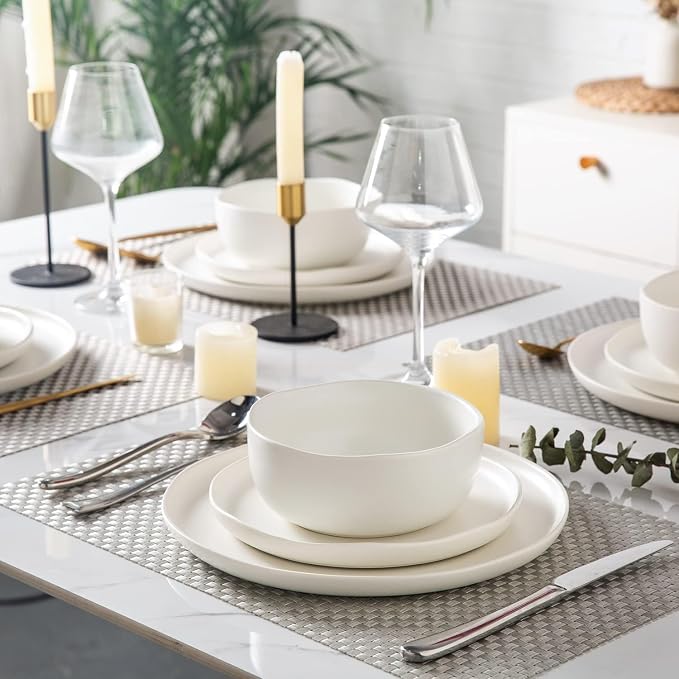 AmorArc Ceramic Dinnerware Sets, Wavy Rim Stoneware Plates and Bowls Sets,Dishwasher & Microwave & Oven Safe Dishes set, Service for 4 (12pc)-Matte White