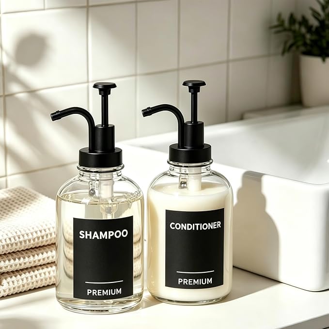 12oz Dish Soap Dispenser for Kitchen, Hand Glass Soap Dispenser Set with Pump, Tray, Funnel for Bathroom, Shower, Laundry, Liquid, Lotion (Black 2 Pack Clear Bottles with 12 Stickers)