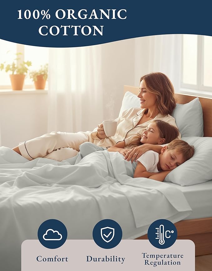 LANE LINEN 100% Organic Cotton Queen Sheet Set, 4Pc Cotton Sheets Queen Size Bed Set, Soft Percale Weave, Deep Pocket Queen Sheets, Hotel-Quality Bed Sheets Queen Size - Glacier Grey