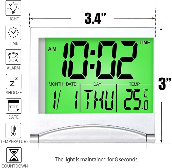 Betus Digital Travel Alarm Clock with Backlight - Foldable Calendar Temperature Timer LCD Clock with Snooze Mode - Large Number Display, Battery Operated - Compact Desk Clock