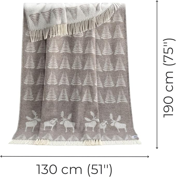 JJ Textile Moose Brown Throw New Wool & Recycled Merino Sheep Wool- Soft & Cosy with a Reversible Design - Sustainable Throw for Bed, Sofa & Home Decor - Large Blanket 190cm x 130cm.