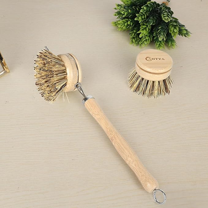 Bamboo Dish Scrubber with Handle - Hard Bristle, Natural Dish Brush Sustainable & Biodegradable, Bamboo Wok Brush for Dishes, Pans and Pots