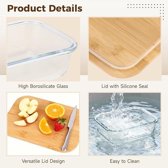 3 Pcs Glass Containers with Silicone-Sealed Wood Lids, 12.5 oz - 35.2 oz Stackable Meal Prep Food Storage Containers Set, Reusable Lunchbox for Picnics, Lunches
