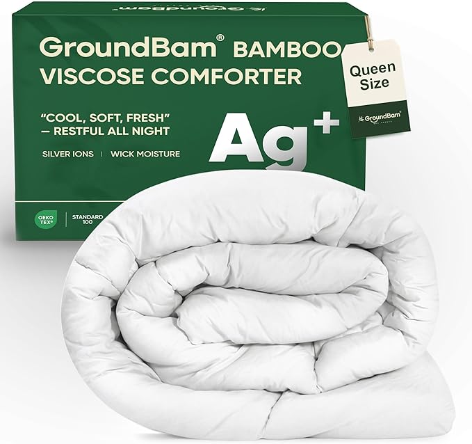 Cooling All-Season Down Alternative Comforter, Silver-Treated Lightweight Duvet Insert, Cool-to-The-Touch Bedding, 100% Bamboo Viscose Outer Cover - White, Queen