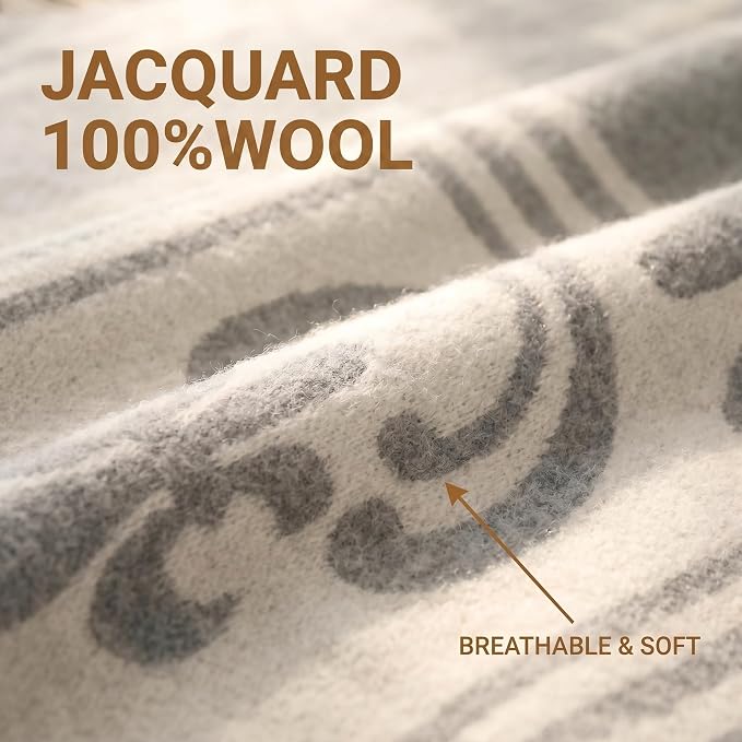 Pure Wool Jacquard Throw Blanket, Large 55x83 inches, 1.5 lbs, Soft Throw Blanket with Grey Leather Bag,Compact & Portable Large Blanket for Travel, Car, Picnic & Camping