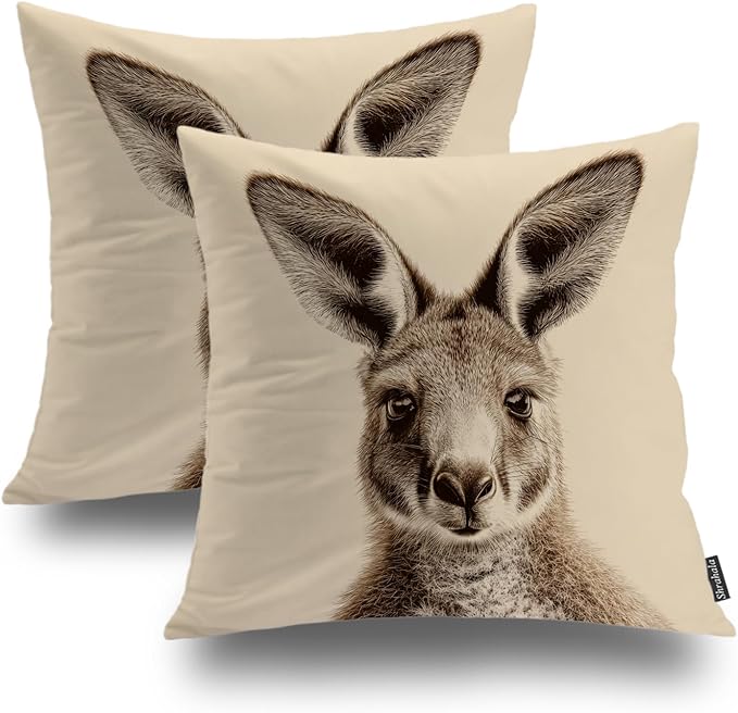 Shrahala Cute Kangaroo Decorative Throw Pillow Cover, Sepia Toned Kangaroo Portrait Square Pillowcase Blended Double-Sided No Inserts for Bedroom Living Room Set of 2 (22 x 22 in)