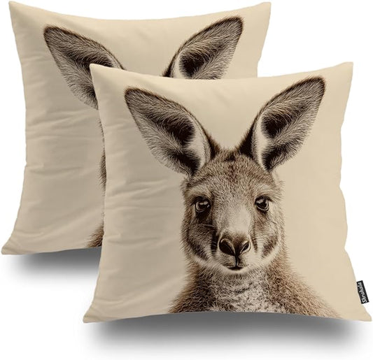 Shrahala Cute Kangaroo Decorative Throw Pillow Cover, Sepia Toned Kangaroo Portrait Square Pillowcase Blended Double-Sided No Inserts for Bedroom Living Room Set of 2 (22 x 22 in)