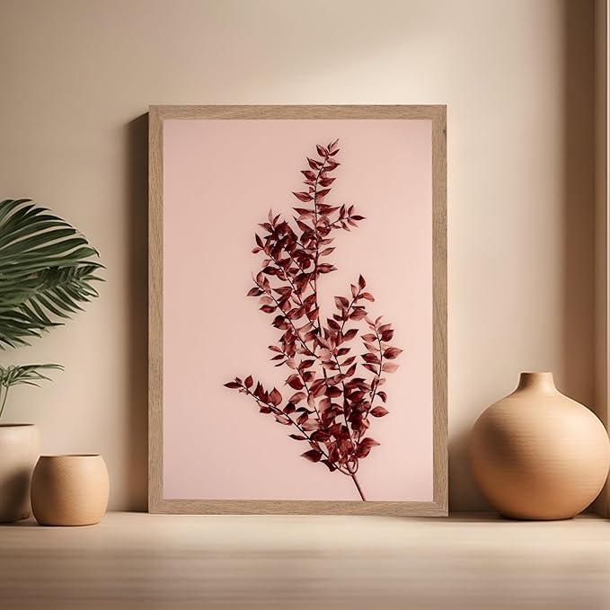 Monem Art Dried Red Botanical Branch Print - Minimalist Boho Nature Poster - Wall Decor for Living Room, Bedroom or Office - 16x20 Beige Framed Wall Art by Mareike Bohmer