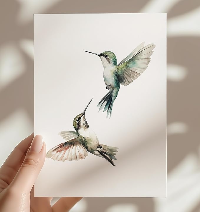Hummingbirds Greeting Cards - Set of 10 All Occasion 5x7 Note Cards with Envelopes. Blank Inside. Watercolor Images of Hummingbirds in Flight.