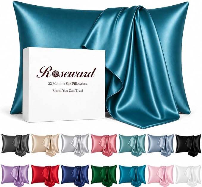 Mulberry Silk Pillowcase for Hair and Skin Made in USA, 22 Momme King Size Silk Pillow Cases with Zipper, 100% Silk, Anti Aging, Anti Acne, 1 Pc 20"x36" (King, Peacock Blue)