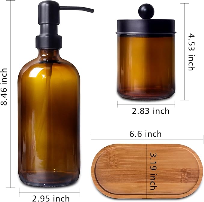 Bathroom Accessory Set 5 Pcs, 2 Pcs 16oz Amber Glass Soap Dispensers with Stainless Steel Pumps, 2 Pcs Qtip Holder Dispensers with Waterproof Labels & Bamboo Tray