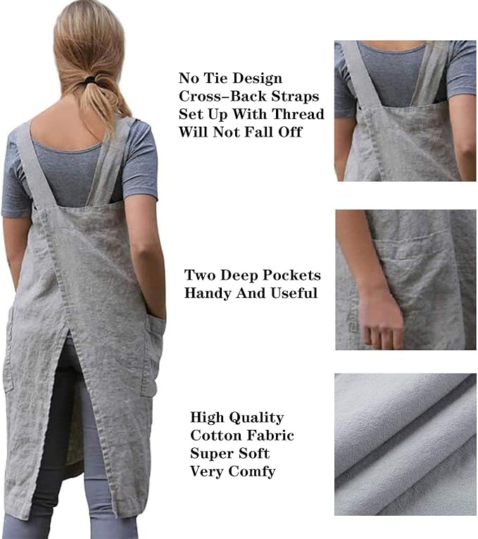 Apron for Womens Cotton Linen Apron Cross Back with Pockets Pinafore Dress for Baking Cooking