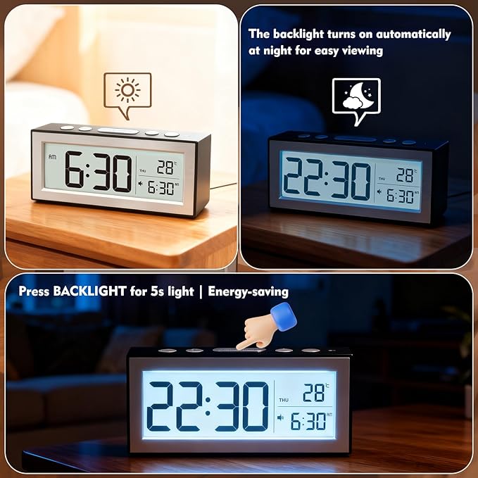 ALANAS Battery Operated Alarm Clock, Portable Digital Clock with Large Display, Snooze, Temperature & Date, Auto-Dim Night Light for Easy Reading, Ideal for Seniors, Kids, Bedroom, Travel, Nightstand