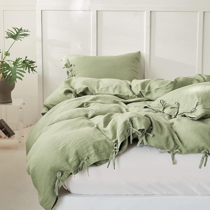 Simple&Opulence 100% Linen Duvet Cover Set 3pcs with Bowknot Ties Closure Natural French Washed Flax Solid Color Soft Breathable Farmhouse Bedding - Sage Green, Queen Size