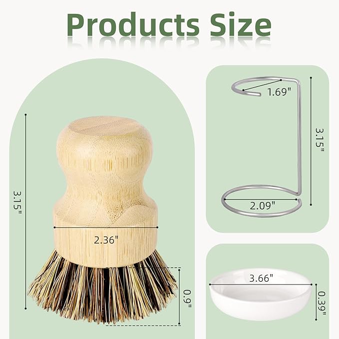 DEBETOOL Bamboo Dish Brush Set with Holder - Natural Dish Scrub Brush for Cleaning Dishes, Fast Dry Design Kitchen Dish Brush for Sinks & Pots