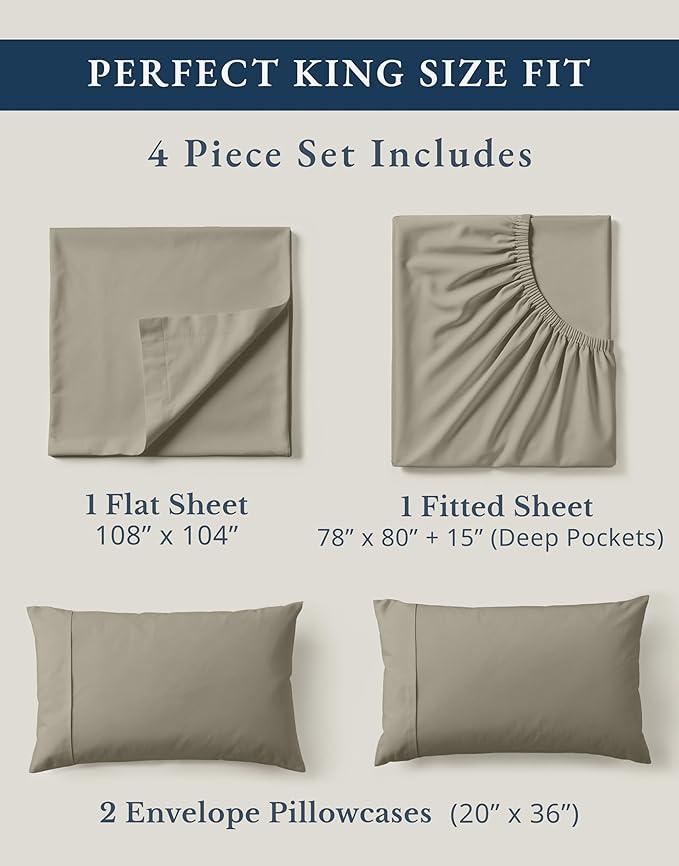 LANE LINEN 100% Organic Cotton King Sheet Set, 4Pc Cotton Sheets King Size, Soft & Comfy Percale Eco Friendly Sustainably Produced Bedding Sheets & Pillowcases, 15" Deep Pocket King Sheet Set - Silver