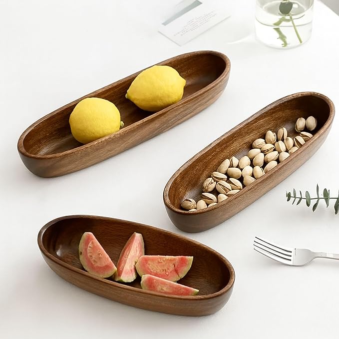 Wooden Decorative Bowl Walnut Wood Bowl for Table Centerpiece Rustic Wood Bowl for Home Decor Coffee Table Oval Boat Shape (Large (9.8"))