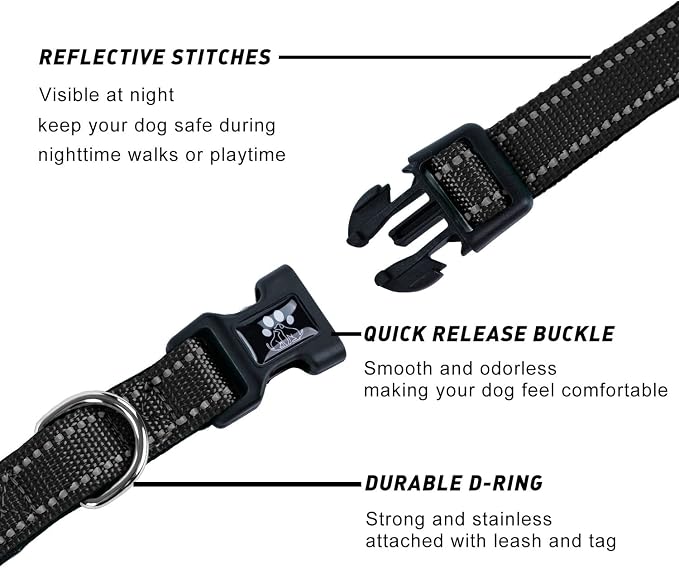 FURRYFECTION Reflective Dog Collar and Leash Set With Quick Release Buckle, Padded Neoprene Adjustable Nylon for Small Medium and Large Dogs (Medium Collar+5FT Leash, Black)