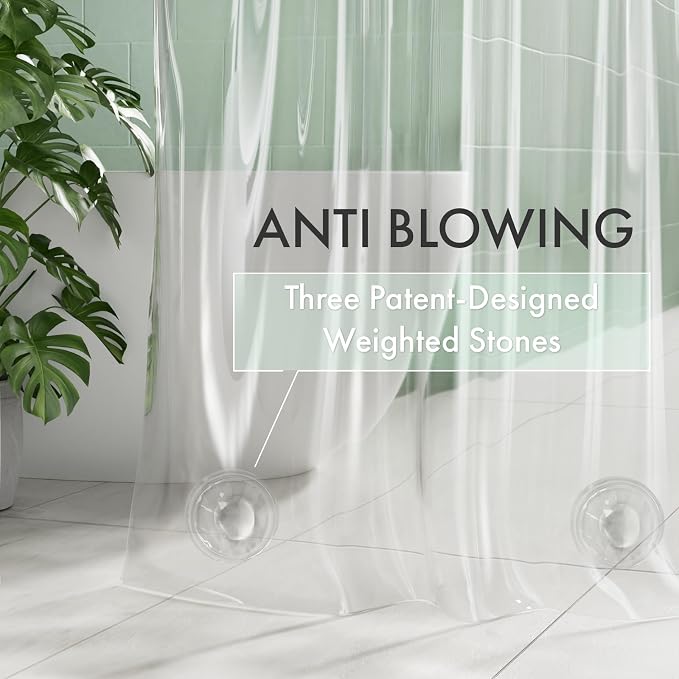 AmazerBath No Hook Shower Curtain and Liner 3-in-1, 100% EVA Luxury Soft Heavy Duty Clear Shower Liner, 72x75 Hookless Shower Curtain with 3 Heavyweight Stones