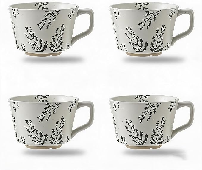 4 Pack Speckled Ceramic Coffee Mugs, 12oz Vintage Green Fern Leaf Large Tea Cups, Rustic Handmade Style Drinking Mugs for Coffee Tea Cocoa Milk, Dishwasher Microwave Safe, Housewarming Gift Set