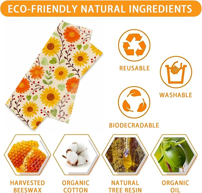 Reusable Beeswax Wraps, 9 Pack, For Sandwich, Bread, Fruit, Bowl, Eco-Friendly, Organic Cotton, Sustainable, Zero Waste, Plastic-Free, 1XL, 3M, 5S, Assorted Bread Floral Bee Patterns