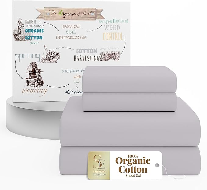 Supreme Elegance 100% Organic Cotton King Size Sheets Set (4Pc), Percale, Crisp, Breathable & Cooling Sheets for Hot Sleepers, Brushed for Softness, Includes 16" Deep Pocket Fitted Sheet, Lilac Marble