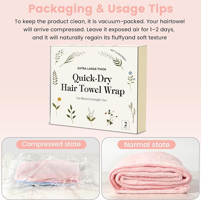 2 Pack Microfiber Hair Towel Wrap for Women, Large Fast Drying Hair Towel Turban, Ultra Soft Thick Anti-Frizz, Double Stitched Edges & Stay in Place No Slip Design for Curly Long Wet Hair(Pink/Blue)