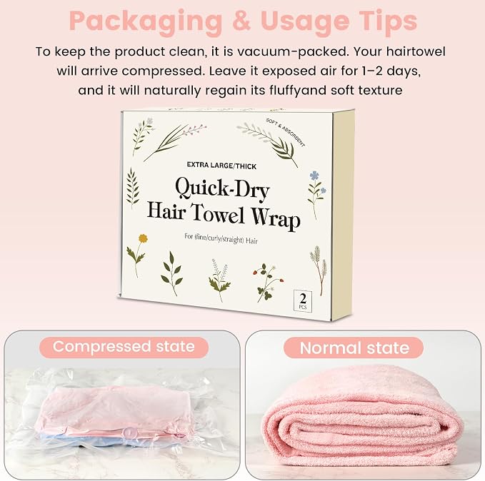 Microfiber Hair Towel Wrap for Women, Large Fast Drying Hair Towel Turban, Double Stitched Edges & Stay in Place No Slip Design for Curly Long Wet Hair(Pink/Blue)