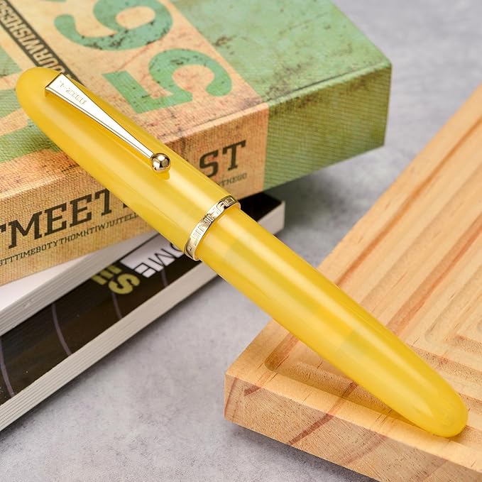 Jinhao 9019 DaDao Series Fountain Pen, Size 8 Medium Heartbeat Nib with Large Ink Converter, Yellow Jade Acrylic Design Smooth Writing Pen (Gold Trim)