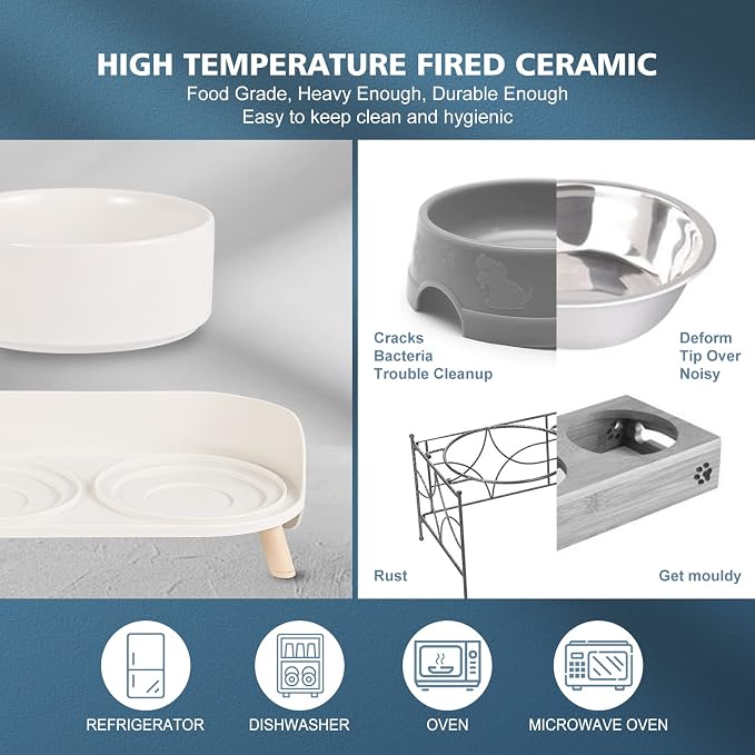 Raised Cat Food and Water Bowl Set - Elevated Ceramic Dishes with Non-Slip Stand and Splash Guard for Small Dogs - 2 x 320 ML (4.9 OZ) - White