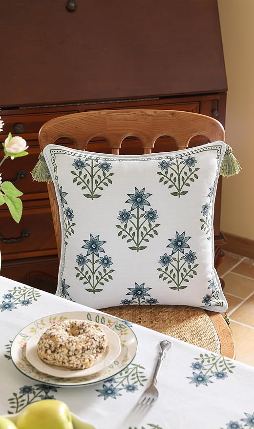 ISAENNE Design Fresh Linen Square Throw Pillow Covers 18"x18" Pack of 2, French White Cottage Cushion Covers with Blue Floral Branches Pattern Decor Pillowcases for Bed,Living Room,Outdoor,Car