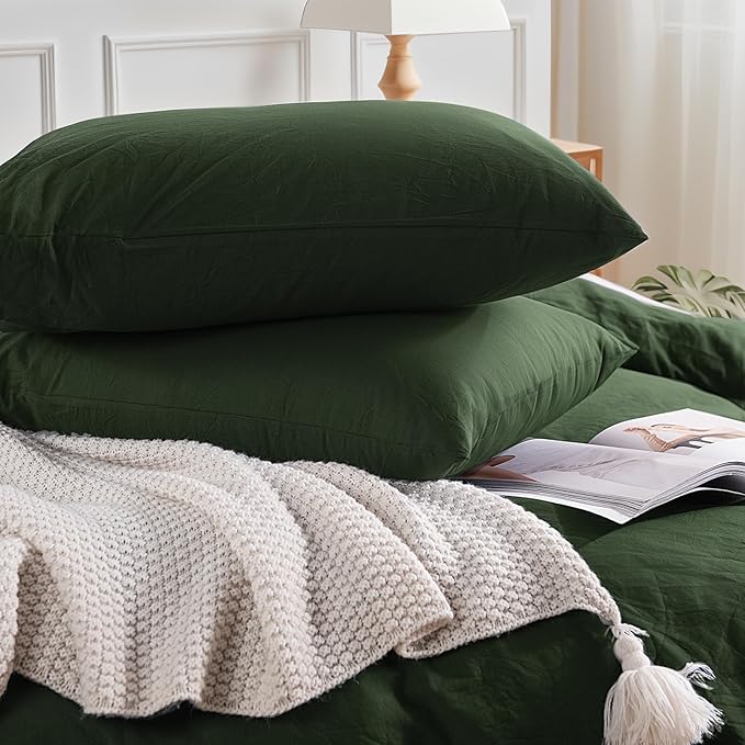 NEXHOME PRO Twin Duvet Cover Set – 100% Certified Organic Cotton with Washed Feel & Linen-Like Texture, Comfortable & Breathable, Home Bedding Set Olive Green (No Comforter)