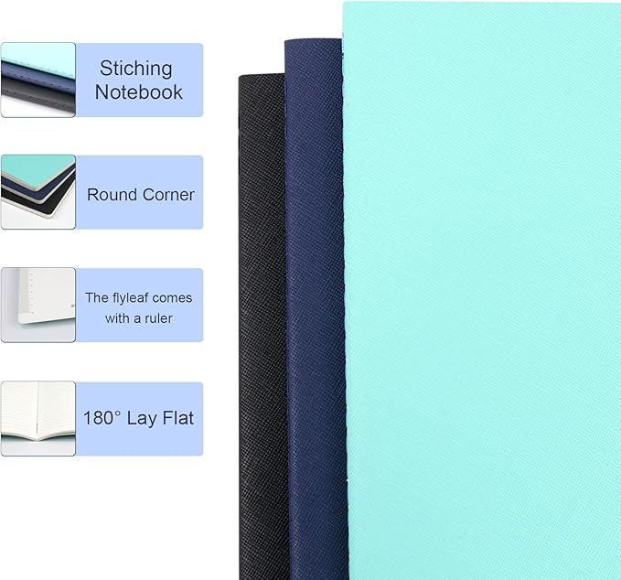 Notebook 3 Pack - 5 “x8”- Made of sustainable and excellent quality paper, simple, natural, portable and flexible design, suitable for office, school (black&dark blue&lime green