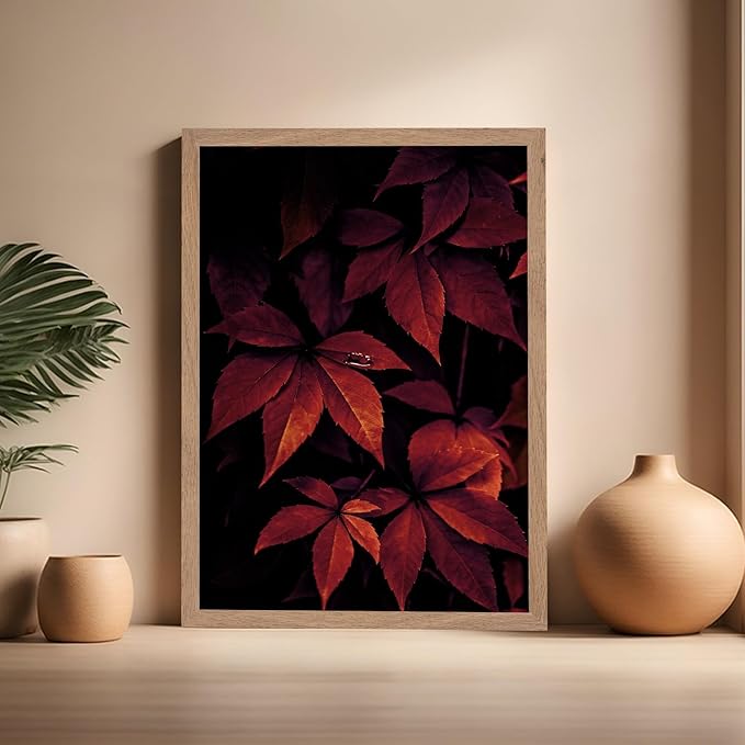 Monem Art Red Autumn Leaves Macro Photography Print - Moody Botanical Nature Poster - Wall Decor for Living Room, Bedroom or Office - 16x20 Beige Framed Wall Art by Mareike Bohmer